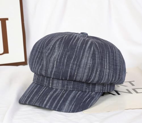 Womens Striped Octagonal Newsboy Cap Vintage Ivy Paperboy Cabbie Gatsby Painter Hats Fashion Beret Hat for Daily - color: Navy-blue