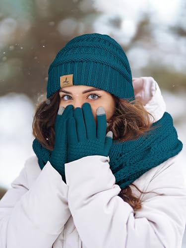 LOROME Winter Beanie Hat Scarf Gloves, Warm Fleece Knit Neck Scarf Set Gift - color: Blue
