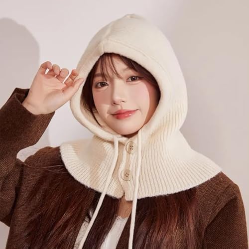 MIUP00 Windproof Warm Hooded Scarf Hat,Balaclava Women Winter Hats,Ladies Autumn and Winter Knitted hat Pullover,Off White - color: Off-white