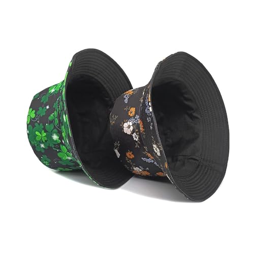 Printed Bucket Hat - Reversible Packable Summer Travel Beach Sun Cap for Men Women Teens - color: Clover Black Green