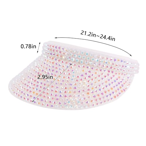 Haoohu Shiny Rhinestones Clip On Sport Sun Visor Hat for Women Men Outdoor Adjustable Wide Brim Summer Cap - color: White Rhinestone