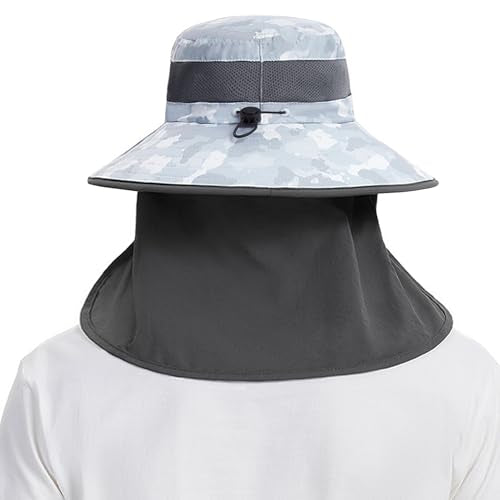 BASSDASH UPF 50+ Breathable Sun Hat with Removable Face Cover and Neck Flap Wide Brim Bucket Hat for Fishing Hiking Men Women - color: Light Grey Camo/Dark Grey