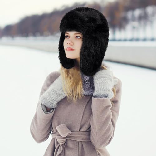 Peicees Oversized Fur Trapper Hat for Women Ladies Russian Ushanka Furry Winter Hat with Ear Flaps Fuzzy Warm Black White XL - color: Black