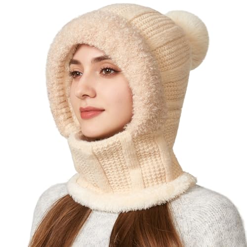 HUAMULAN Women Cable Knit Balaclavas Winter Fleece Lined Beanie Hat - color: Solid Beige