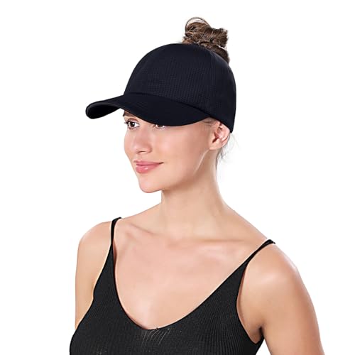 ZTL Womens High Ponytail Baseball Cap Performance Mesh Hat, Lightweight Quick Dry Race Day Running Hat with Reflective Trim - color: Navy