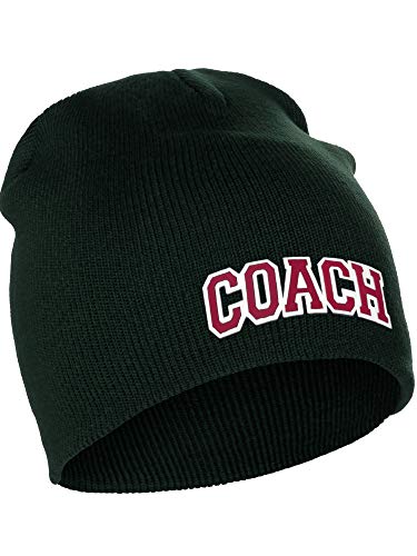 I&W Sports Team Coach Arch Letters Winter Knit Cuffless Beanie 3D Raised Layers - color: Dk Green Beanie White Red