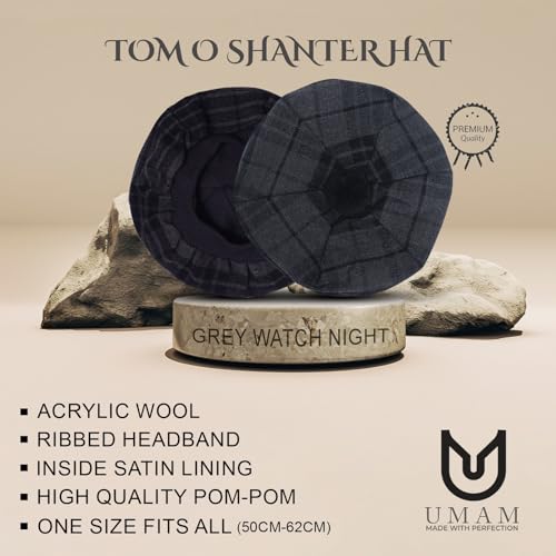 Scottish Tam O’ Shanter Hat Tartan Bonnet Pom Pom Wool Flat Cap One Size - color: Grey Watch Night 021tcp