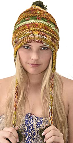 Hand Knitted 100% Merino Wool Ear Flap Snowboard Ski Chullo Peruvian Style Nepal Himalayan Sherpa Earflap Fleece Lined Winter Beanie Hat
