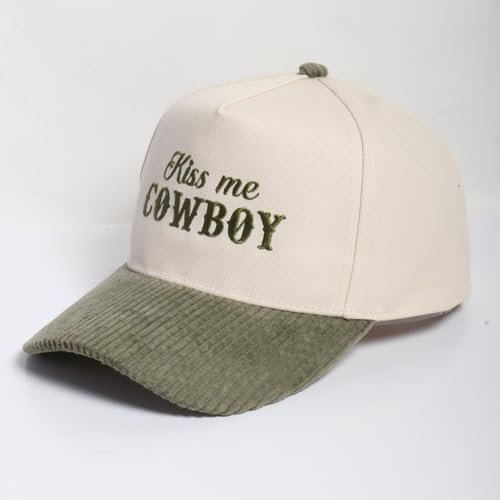 MIRMARU Western Cowboy Embroidered 5 Panel Cotton Two Tone Trucker Hat-Retro Southwest Style Snapback Cap for Men and Women. - color: Corduroy Brim-kiss Me Cowboy,olive