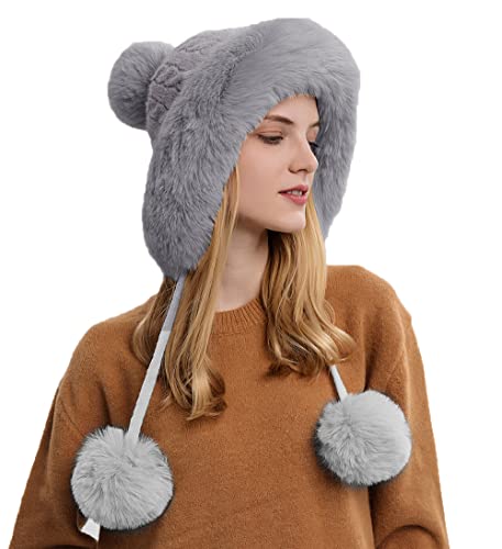 Winter Beanie Hats for Women with Ear Flaps Faux Fur Crochet Skull Cap Warm Outdoor Ski Snow Hats Pompoms - color: Grey