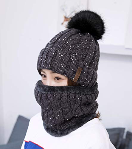 IYEBRAO Womens Winter Knit Beanie Hat and Scarf Set Girls Cute Slouchy Thick Fleece Lined Ski Hat Warm Skull Cap with Pom - color: Dark Grey