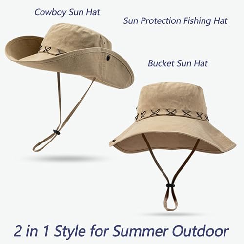 Western Men Safari Sun Hat Sun Protection Fishing Hats Hiking Country Hat for Women Snap Up Cowboy 2 Ways to Wear - color: Khaki-sh
