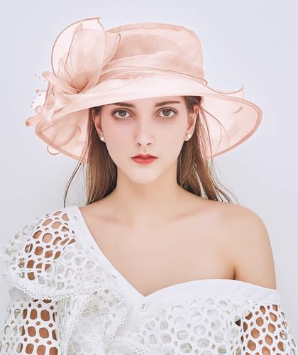 Women Organza Kentucky Hat Fascinator Tea Party Derby Hat Feather Wedding Church Head Ornament Sun Hats - color: 016-pale Pink