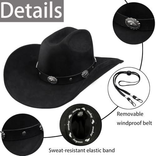 Western Cowboy Hat for Men Women,Shapeable Wide Brim Felt Fedora Classic Cowgirl Hats for Cowboys and Cowgirls,with bolo tie - color: Black-f, size: Large-X-Large