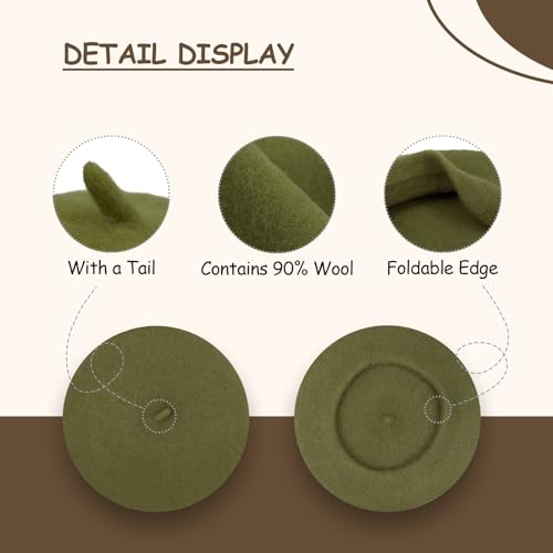Gllutt Women Wool Beret Hat French Style Solid Color - color: Mocha Green