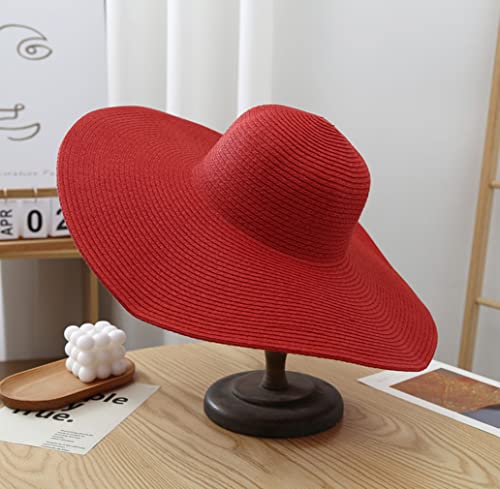 Big Beach Hats for Women Foldable Summer Wide Brim Packable Oversized Sun Hat Lady Girl Travel Straw Cap - color: Red