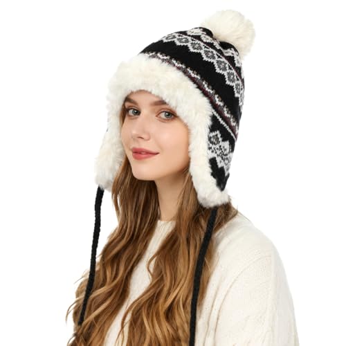 XGOPTS Women Winter Faux Fur Trapper Hat Warm Fleece Lined Beanie Cap Furry Pom Jacquard Knited Hats Knit Cossack Russian Hat - color: Black