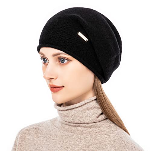 Knit Slouchy Beanie Hats for Women Cashmere Ski Cap Knitted Wool Soft Warm Winter Hat - color: A02-black