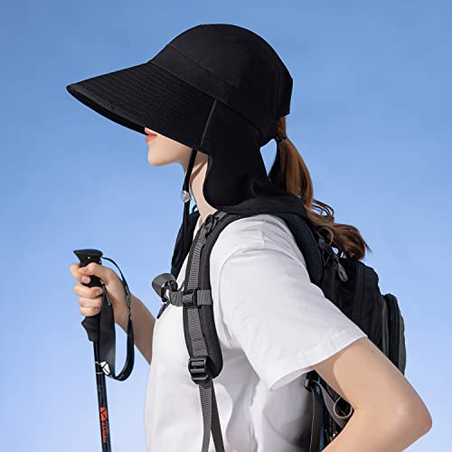 HUAMULAN Women Wide Brim Summer Sun Hat Ponytail Hole with Neck Flap - color: Bg8112-black