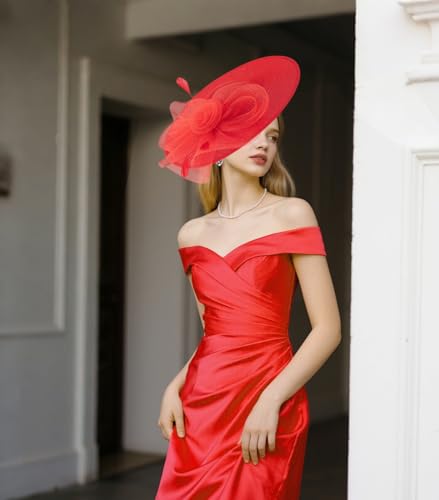 dressfan Wide Brim Fascinator Derby Hats for Women,20s Detachable Flower Hat with Headband for Derby Church Wedding Tea Party - color: Red
