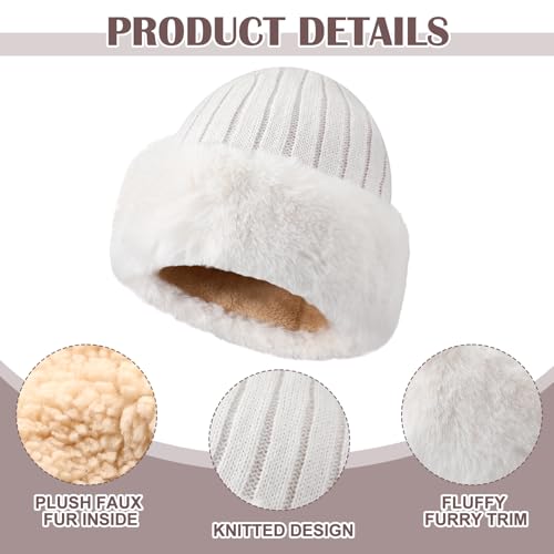 Bonuci 3 Pcs Winter Faux Fur Hats for Women Knit Cuffed, Trimmed Beanie