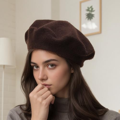 French Beret Hats for Women - Classic Wool Beret Hats Soft Knit Winter Cloche for Daily Outfits - color: Brown