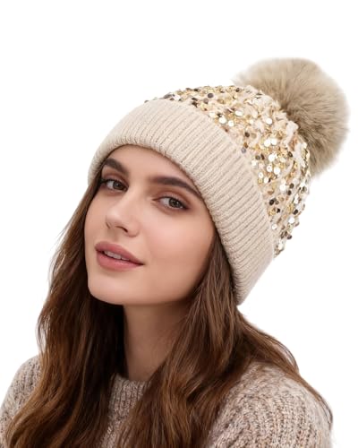 Women Sparkly Sequins Knitted Beanie Hat Warm Winter Skull Cap with Faux Fur Pom Pom - color: X Beige With Knit Cuffs