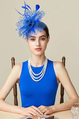 BABEYOND Fascinators Hats for Women Tea Party Flower Tulle Bead Derby Hat - color: Blue