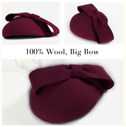 Wool Fascinator Pillbox Hat Winter British Wool Felt Hat for Women Wedding Church Hat Flower Fedoras - color: 2026 Burgundy