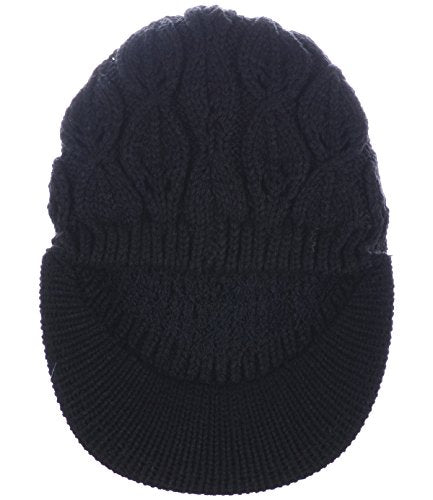 BYOS Womens Winter Chic Cable Warm Fleece Lined Crochet Knit Hat W/Visor Newsboy Cabbie Cap - color: Leafy Black