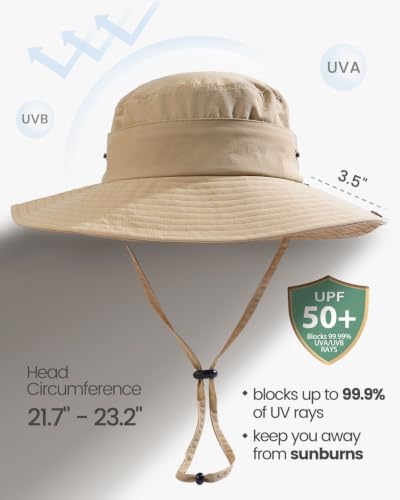 2-in-1 Womens Bucket Sun Hats, Sun Visor Hat, UPF 50+ Wide Brim, Ponytail-Friendly, Packable, Hiking Outdoor - color: Khaki