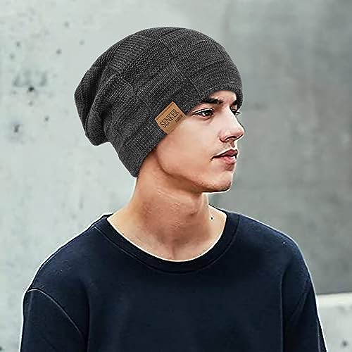 Senker Fashion 2 Pcs Winter Slouchy Beanie Hats for Men, Warm Mens Beanies - color: Black Dark Grey