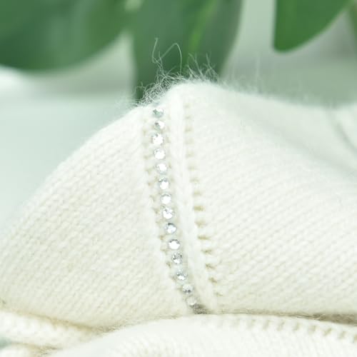 Women's Knitted Angora Wool Hat for Autumn and Winter Warm and Stylish with Rolled Brim and Slanted Rhinestones Cap - color: New-beige