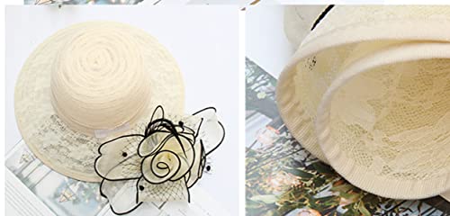 Organza Fascinator Hat - Women’s Wide Brim Church Bridal Tea Party Wedding Hat - color: 03-beige,black