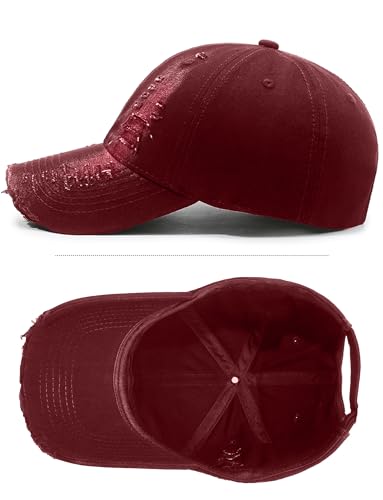 FEOYA Vintage Distressed Baseball Cap for Women Men Ripped Washed Denim Dad Hat Low Profile Adjustable Polo Headwear - color: Wine Red