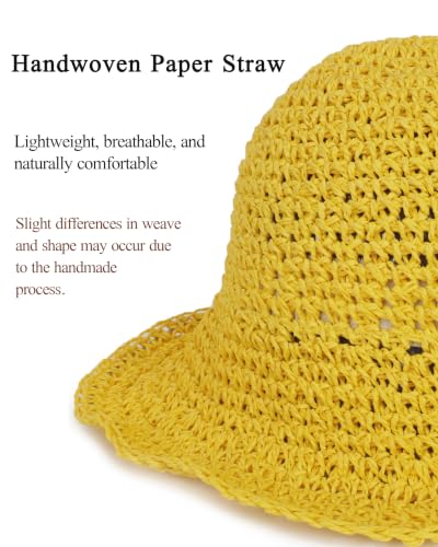 Womens Crochet Straw Sun Hat Foldable Floppy Wide Brim Beach Hat for Summer - color: Yellow