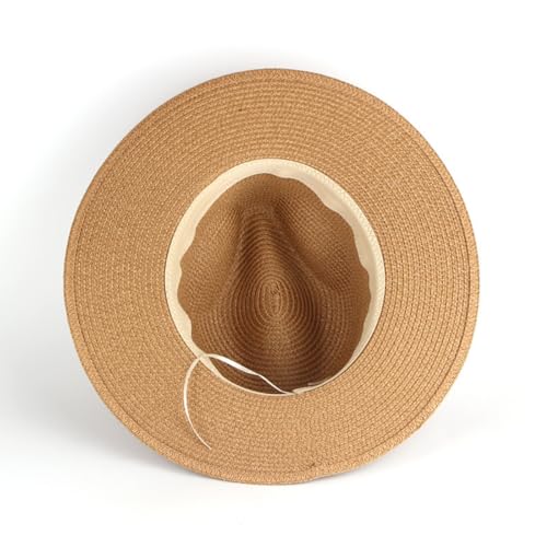 Foldable Brim Straw Hat Woven Beach Cap Wide Brim Summer Hat Travel Straw Sun Hat Packable Beach Hat with Black Band Beige - color: Beige