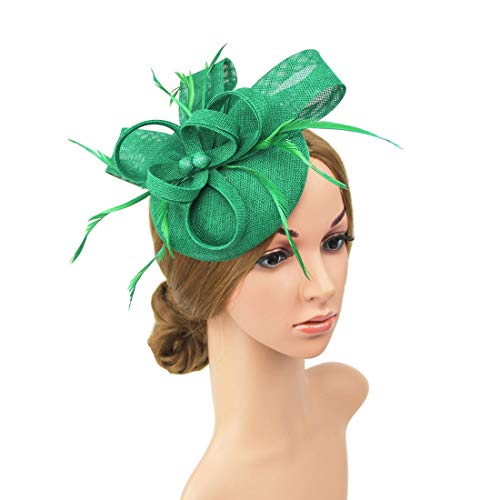 Specell Women's Handmade Tea Party Fascinator Hat, Pillbox Derby Hat with Feather Hair Clip, Elegant Formal Fashion Headwear. - color: A-a-green