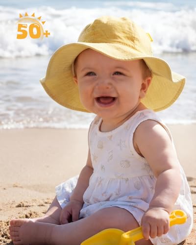 HONGTEYA Baby Sun Hat Muslin Wide Brim Toddler Girl Beach Bucket Hat - color: Yellow/Stripe, size: 0-6 Months