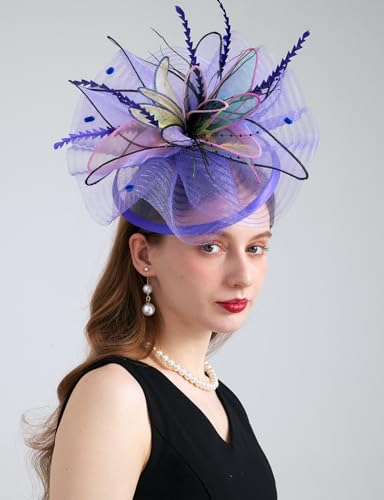 Women Organza Derby Hat Fascinator Tea Party Wedding Church Derby Hat Fascinator Hats Dual-use - color: 02g Purple