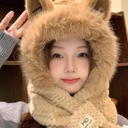 Scarf Hat with Fox Ears - Women's Winter Hooded Cozy Bear Hoodie for Cold Weather - Ultimate Warmth - color: Caramel