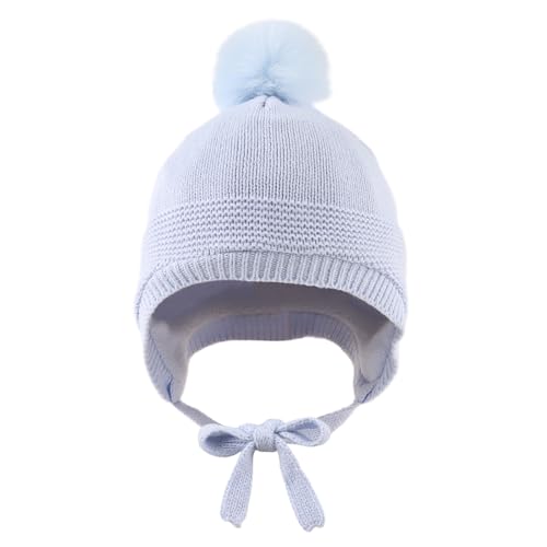 JANGANNSA Basic Winter Baby Boy Beanie Pompom Knit Girl Hat Kid Earflap Cap - color: Skyblue Hat, size: 0-6 Months