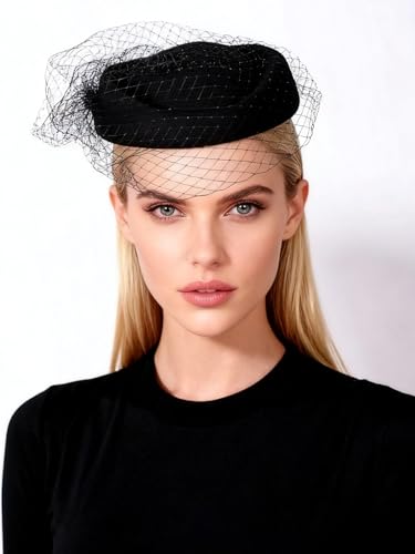 Wool Felt Vintage Beret Wedding Top Hats for Women Elegant Church Fedoras with Veil Ladies Cap Autumn Winter - color: Black