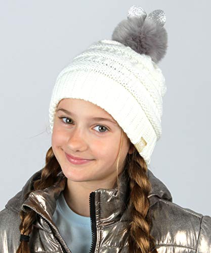 MIRMARU Kids Boys & Girls Winter Soft Warm Knitted Beanie Hat with Faux Fur Pom Pom for Ages 7-12 - color: Bunny Pom -Off White