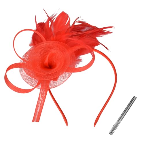 Tulle Flower Fascinators Hats for Women 2025 Derby Outfits for Women Tea Party Derby Hats - color: Red