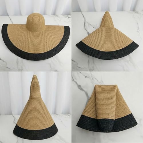 Oversized Sun Hats for Women Wide Brim UV Protection Straw Hats Striped Floppy Sun Protection Hats Packable Beach Hat - color: A Khaki/Black