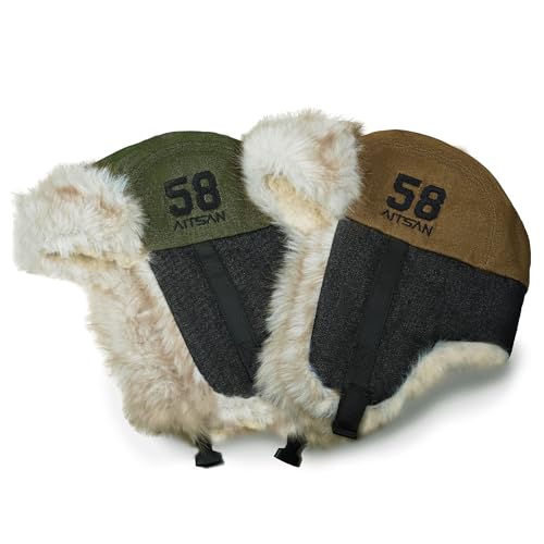 Croogo Trapper Hat Winter Hats for Men Trooper Russian Warm Hat with Ear Flaps Women Ushanka Fur Hat Windproof Ski Hat - color: Pl2510-khaki