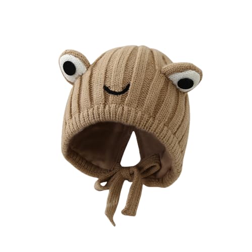 AMPOSSTO Baby Knitted Earflap Beanie Hat Cute Frog Winter Warm Ear Protection Skull Caps with Big Eyes for Boys Girls - color: Brown