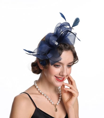 SAFERIN Elegant Women's Fascinator Hat with Veil and Feather Hair Clip Headpiece for Weddings Tea Party - color: St09-navy