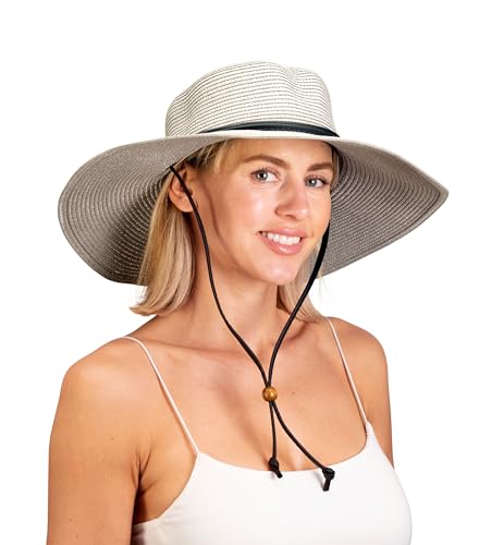 Sloggers Women's Wide Brim Braided Sun Hat with Wind Lanyard - UPF 50+ Maximum Sun Protection - color: Gray